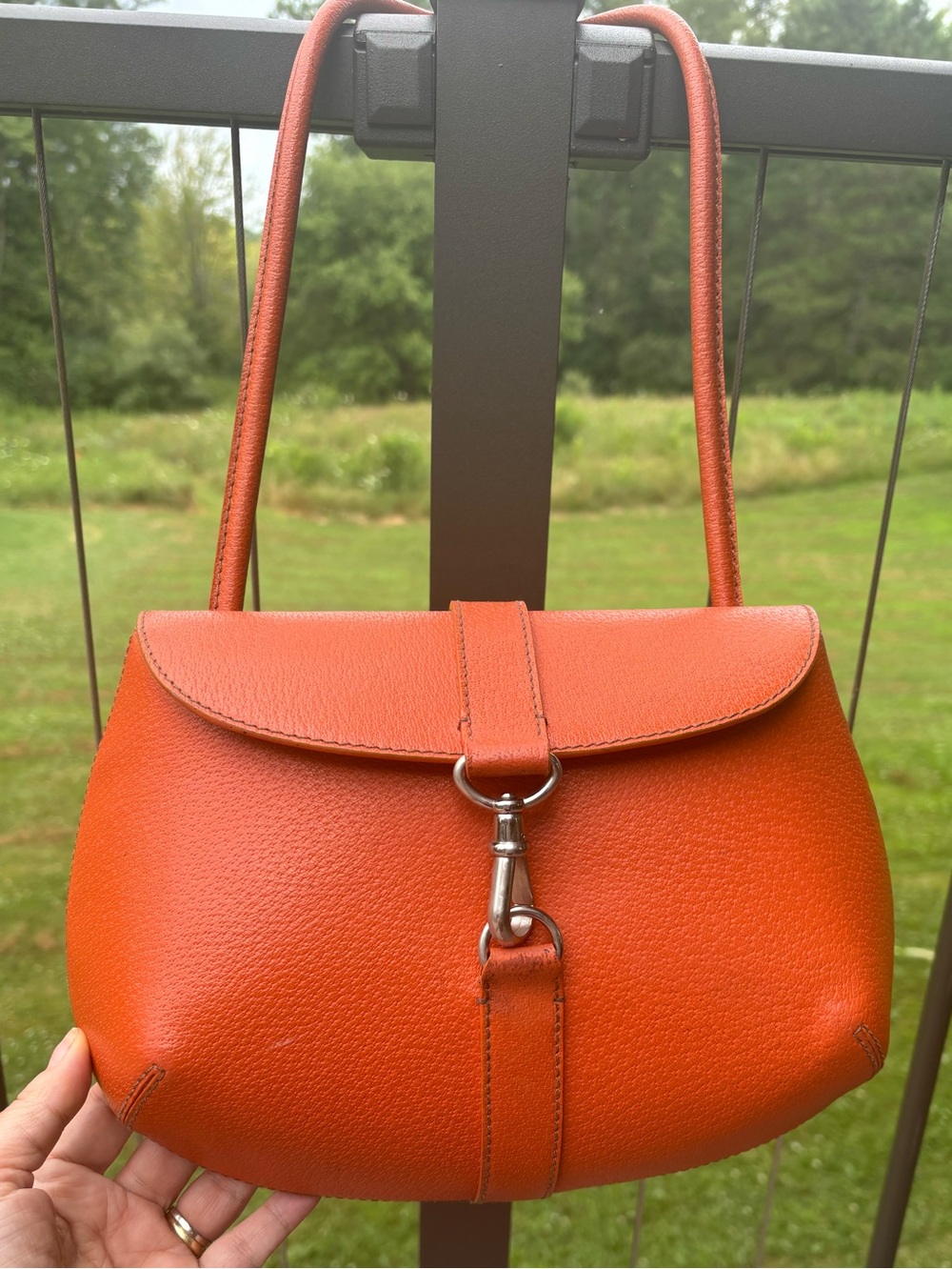 Trussardi Italy- Orange Leather shoulder Bag Silver Hardware like gucci horsebit